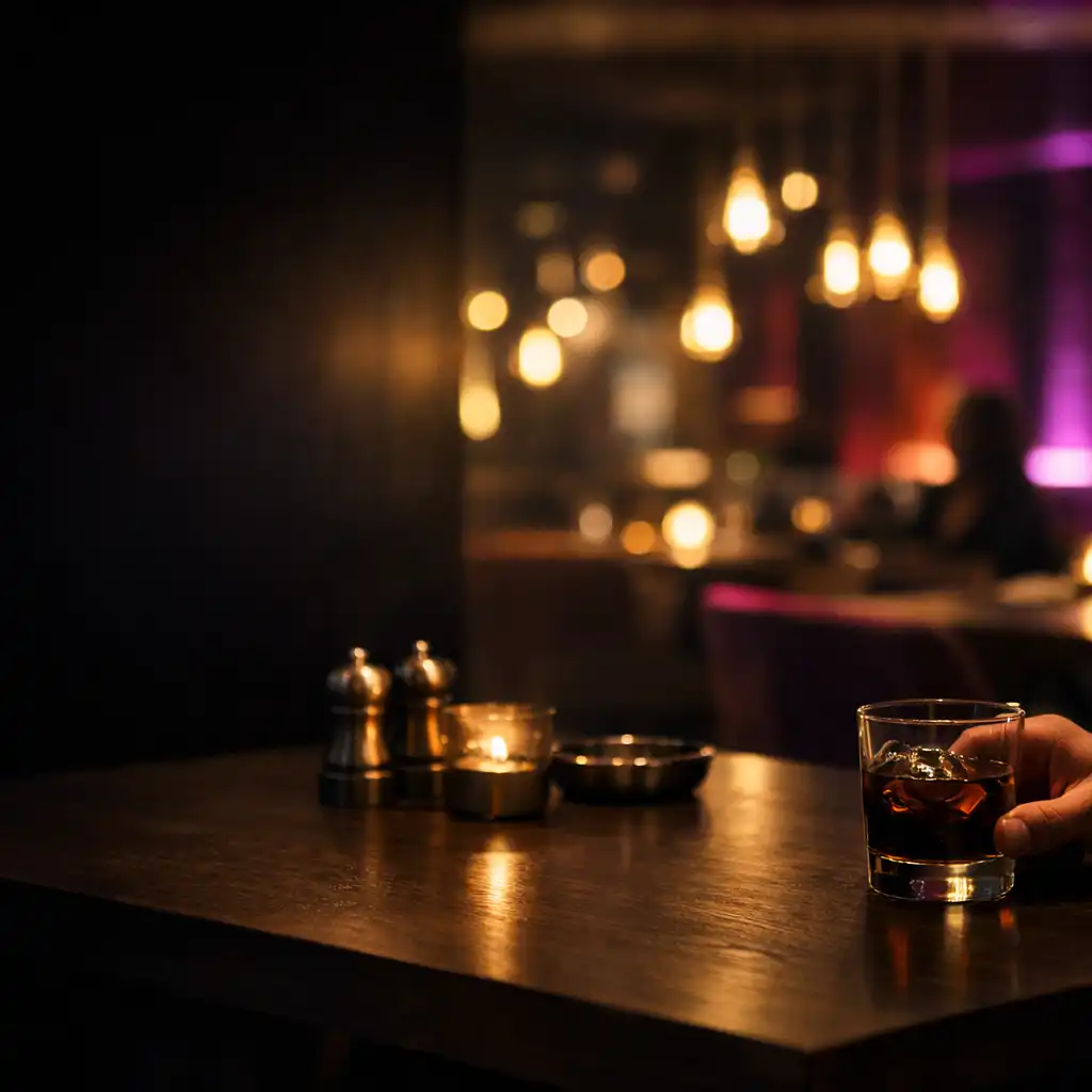 Sötét, elegáns lounge-asztal esti fényekkel és részben látható vendégi kézmozdulattal