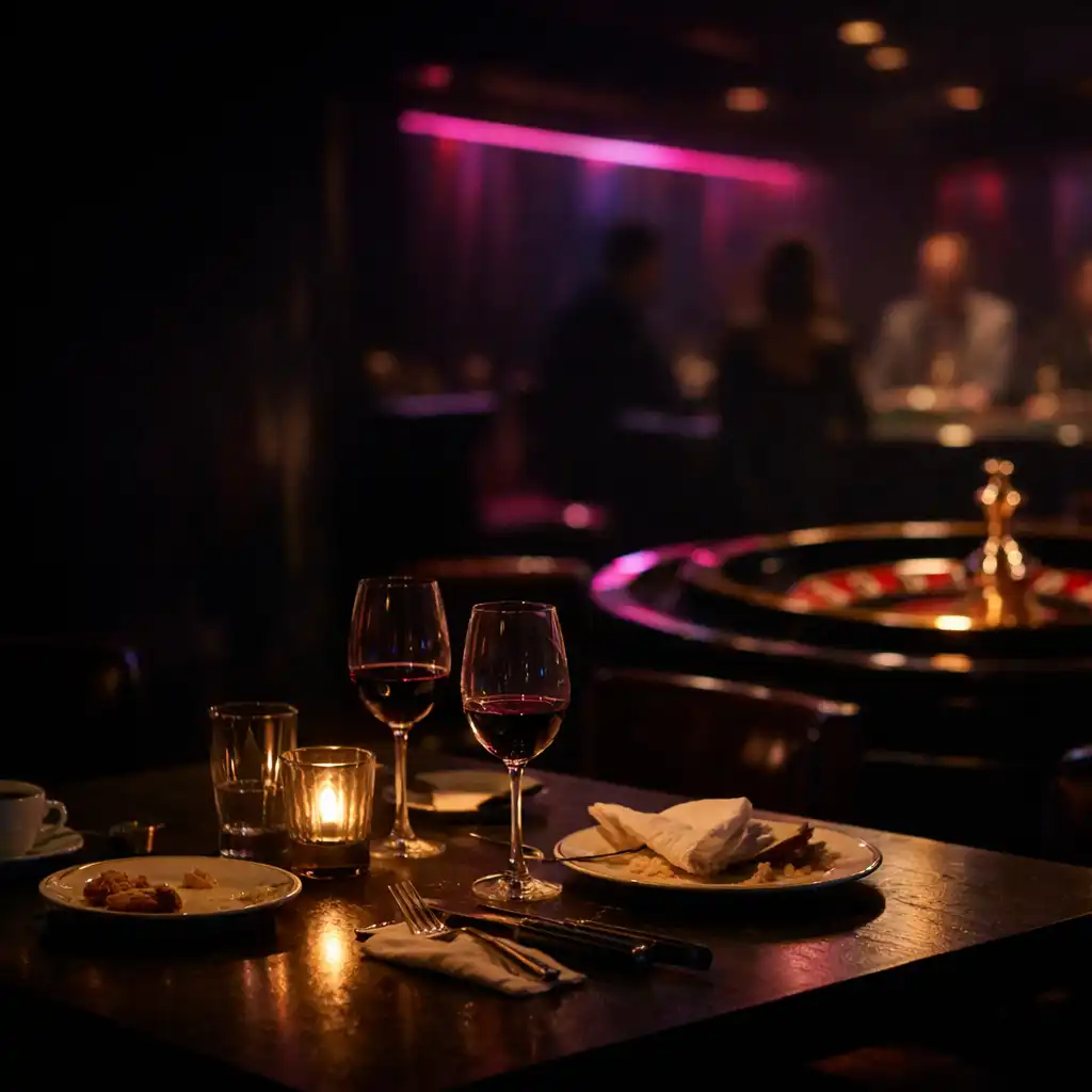 Sötét, elegáns lounge-tér távoli rulettkerékkel és asztalfelületekkel